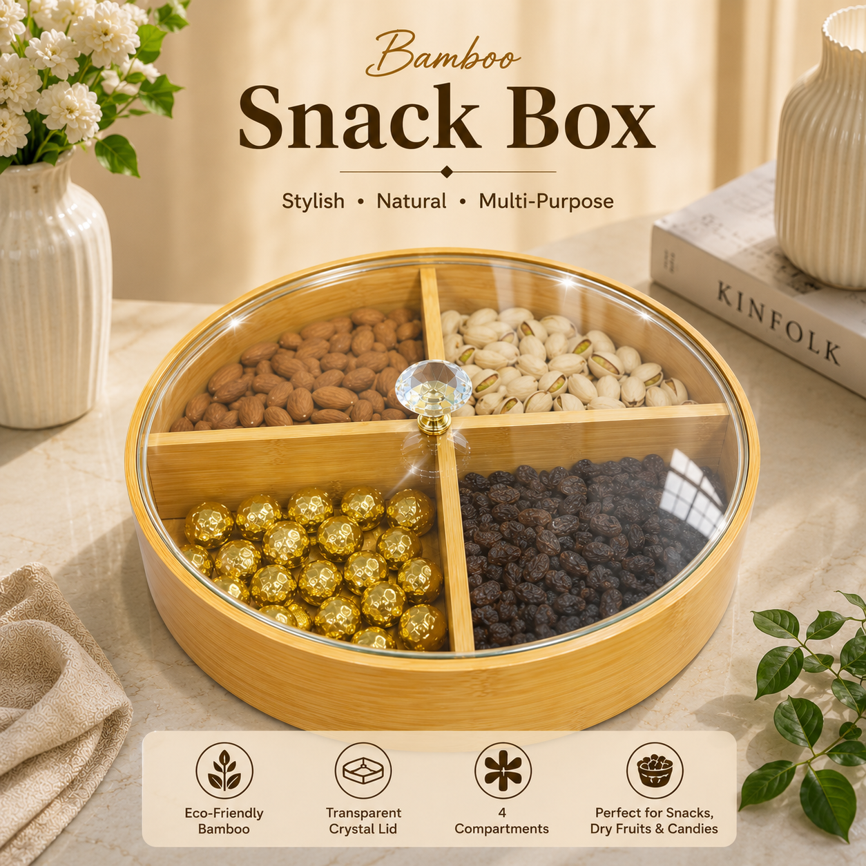 Bamboo Wood 4-Compartment Snack & Dry Fruit Box with Crystal Clear Lid