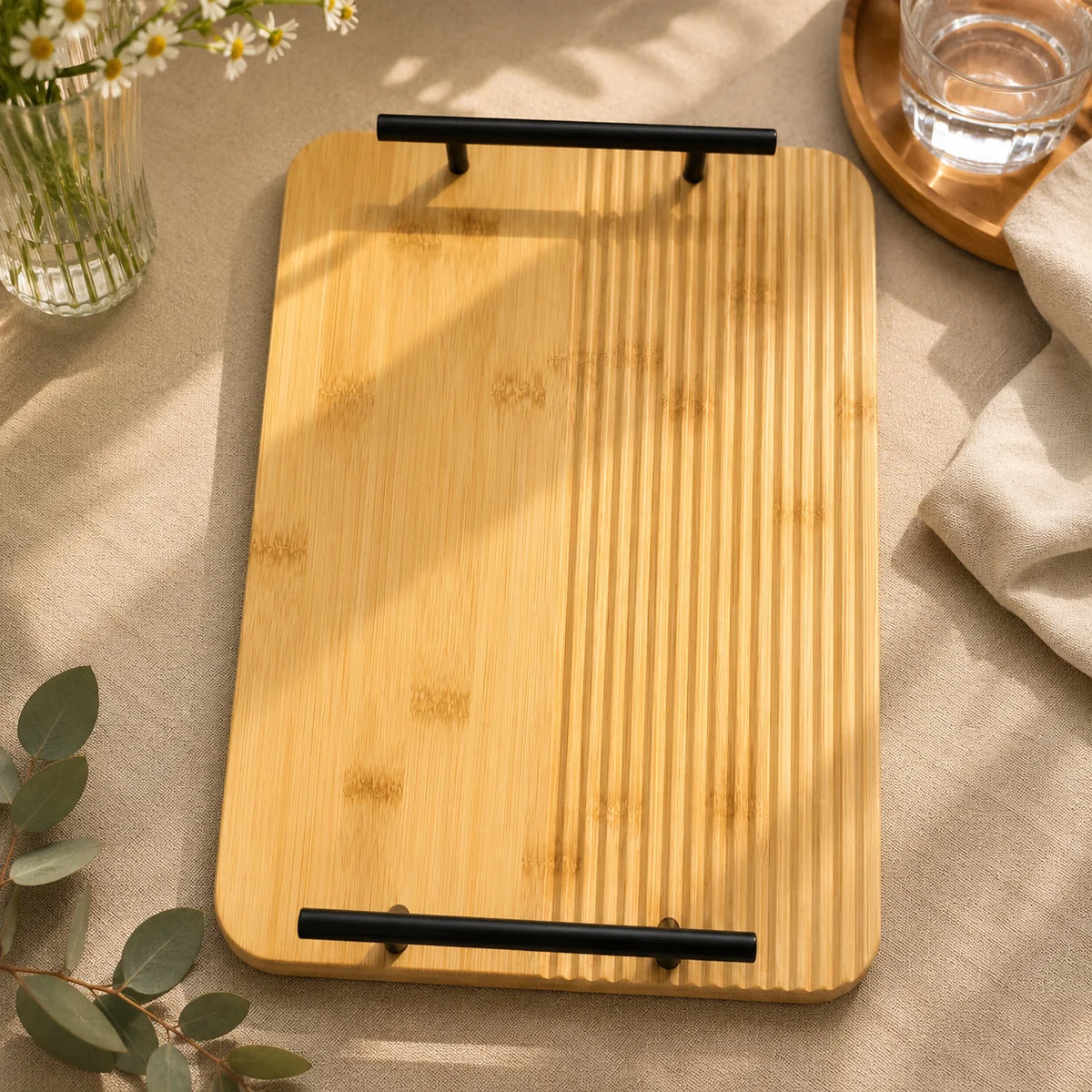 2-Piece Bamboo Serving Tray Set With Black Metal Handles