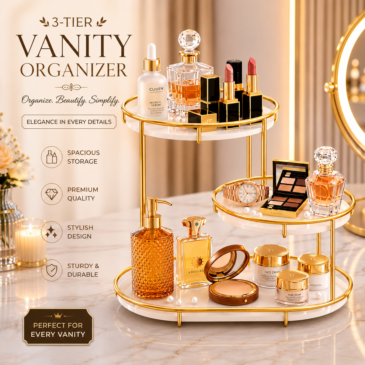 3-Tier Golden Vanity Stand – Makeup & Cosmetic Organizer