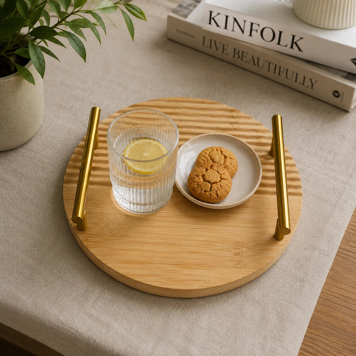 2 Pcs Round Bamboo Serving Tray Set With Gold Handles