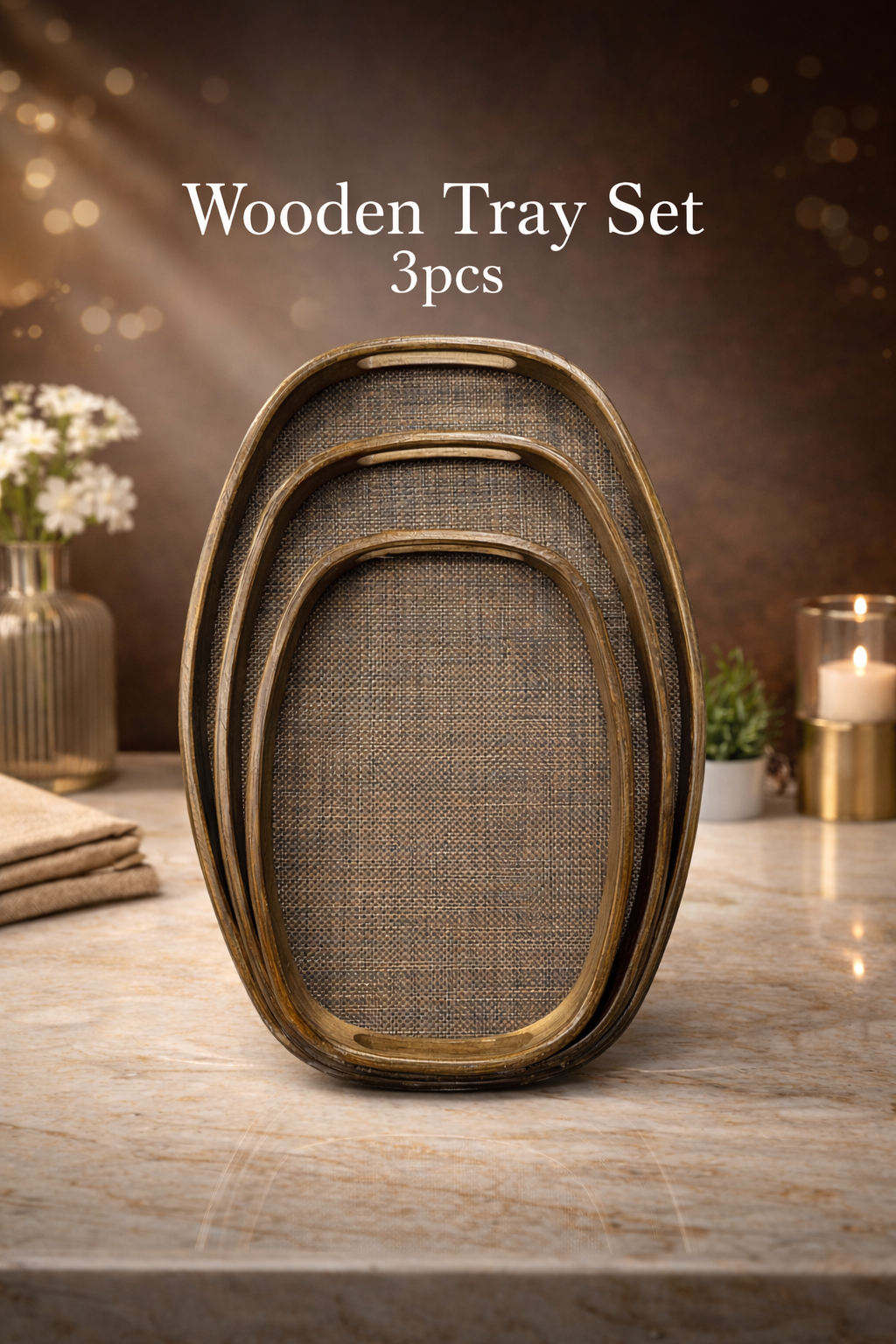 Imported Premium Wooden 3pcs Tray Set