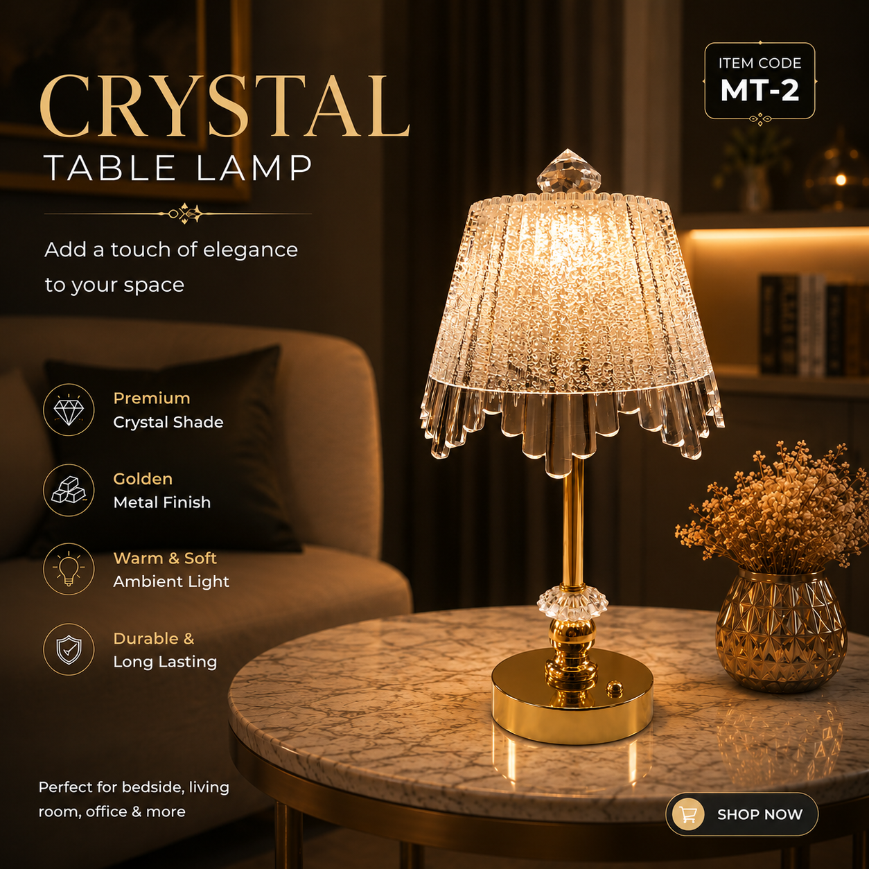 Rechargeable Elegant Bloom Crystal Table Lamp (3 Light Color Modes)