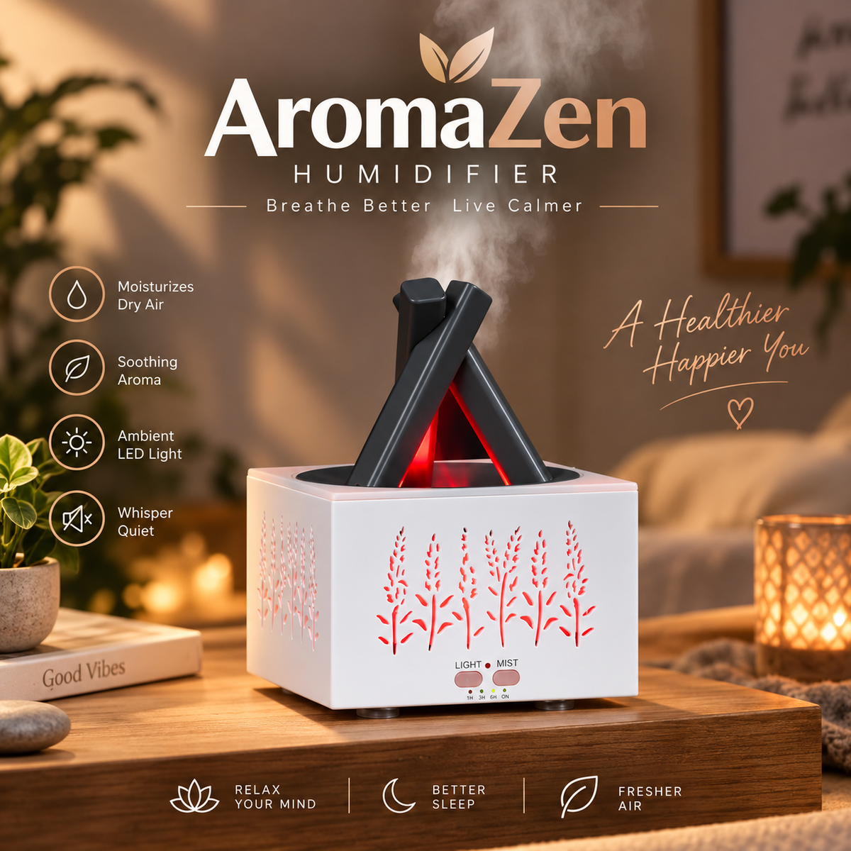 AromaZen Premium Humidifier – Ultrasonic Cool Mist & Ambient LED Light