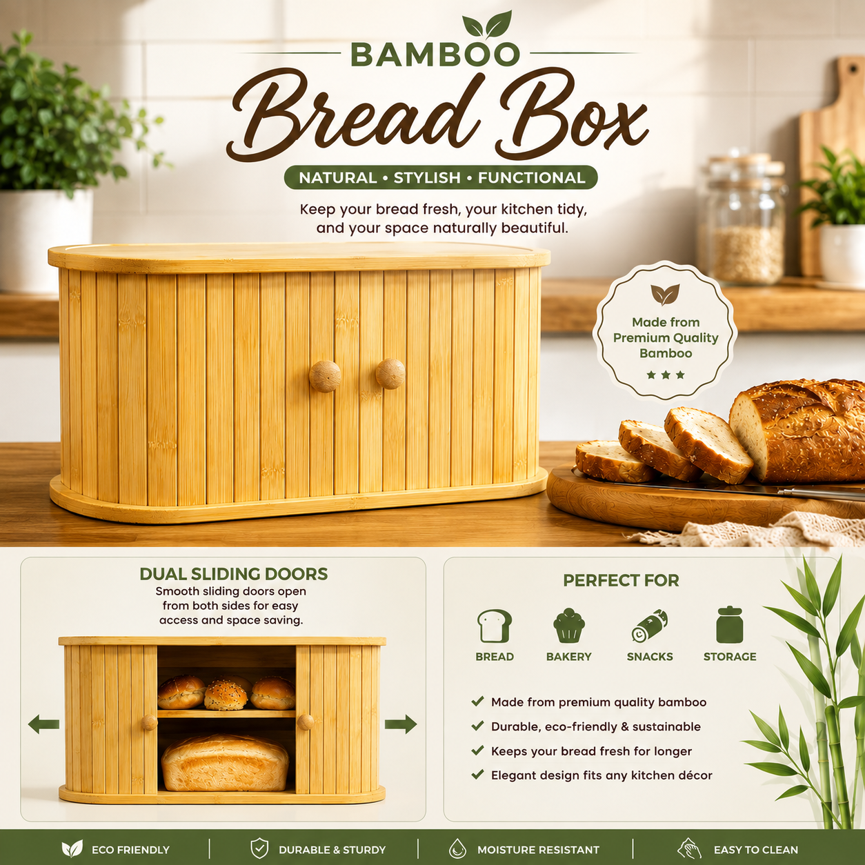 Bamboo Bread Box with Shutter Door – Single & Double