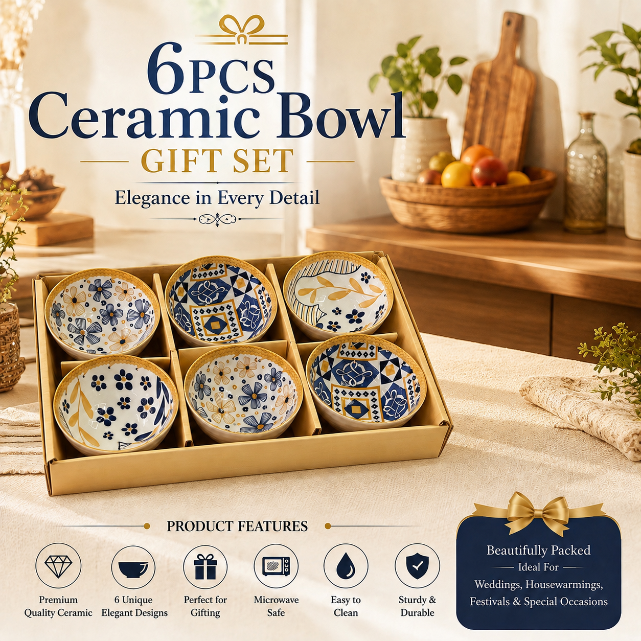 6-Piece Ceramic Bowl Gift Set – Premium Decorative Bowls D-1