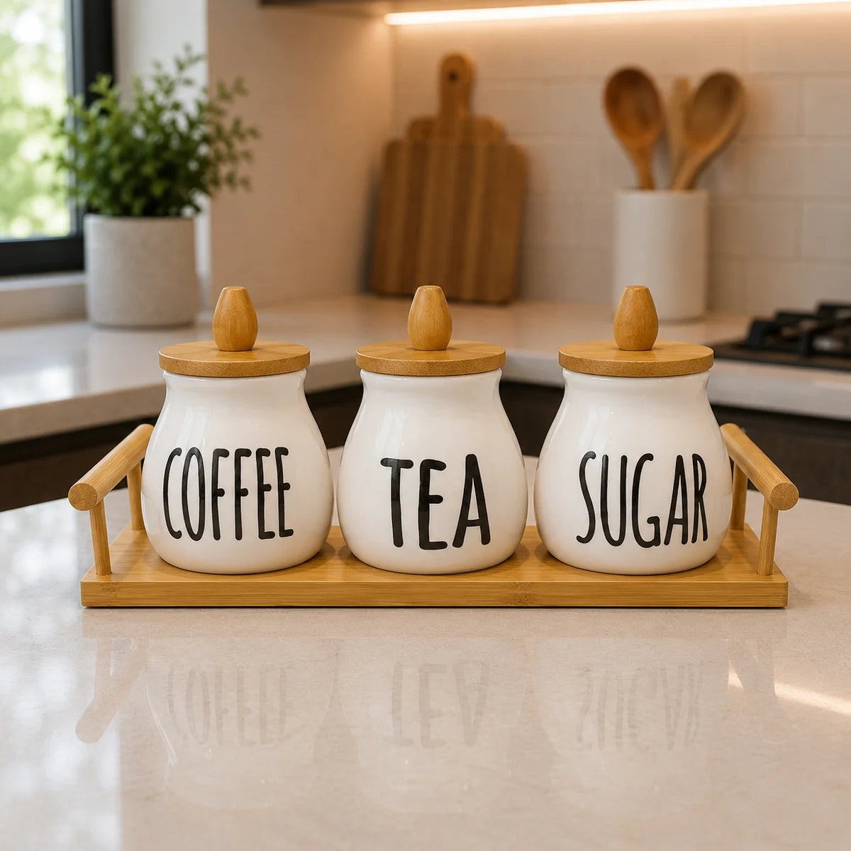 Classic 3-Piece Ceramic Tea, Coffee & Sugar Storage Jar Set With Wooden Tray