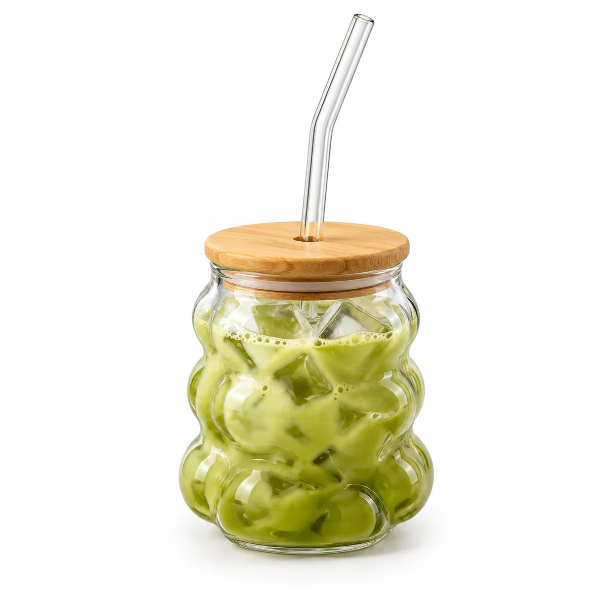 Bubble Glass Cup With Bamboo Lid & Straw