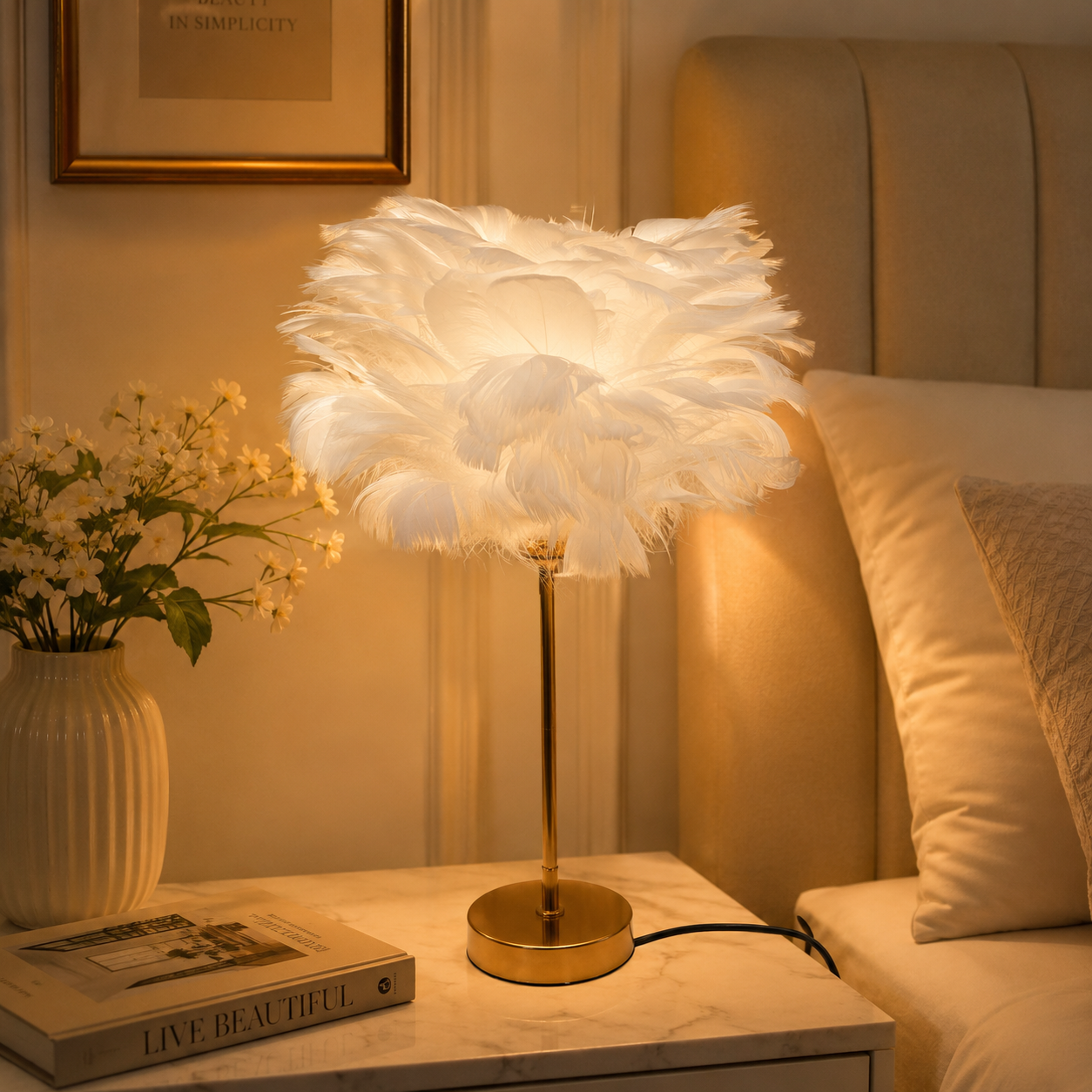 Electric Feather Decorative Bedside Table Lamp (3 Color Modes)
