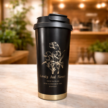 500ml Flower Leaf Stainless Steel Insulated Coffee Mug with Lid