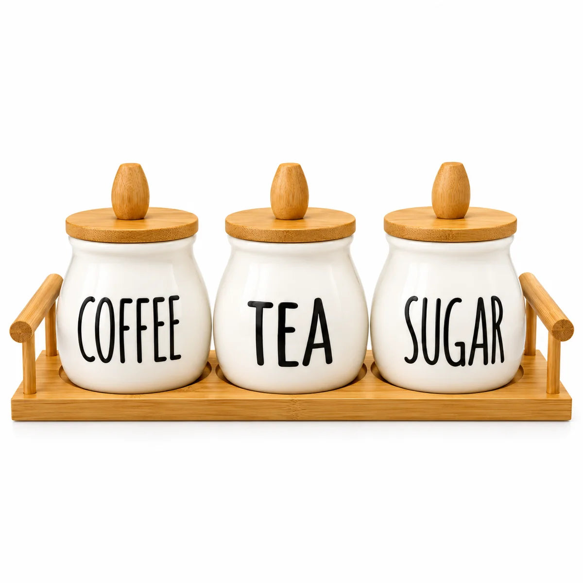 Classic 3-Piece Ceramic Tea, Coffee & Sugar Storage Jar Set With Wooden Tray