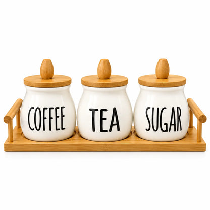Classic 3-Piece Ceramic Tea, Coffee & Sugar Storage Jar Set With Wooden Tray