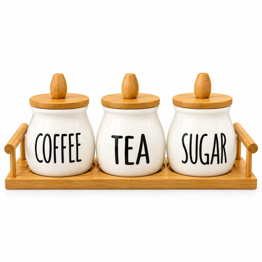 Classic 3-Piece Ceramic Tea, Coffee & Sugar Storage Jar Set With Wooden Tray