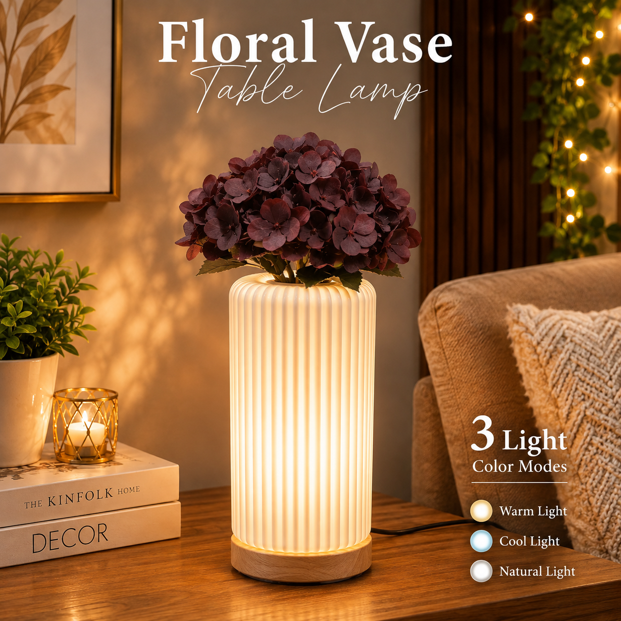 Electric Floral Vase Table Lamp With Flower Bunch– 3 Light Color Modes |