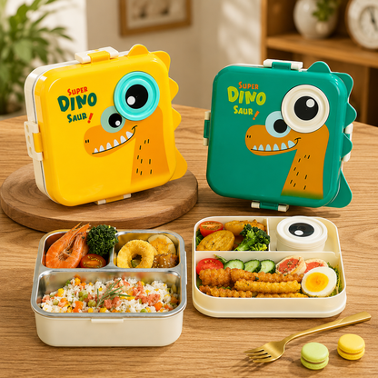 Dinasour Imported Premium Quality 3 compartment Stainless Steel Lunch Box