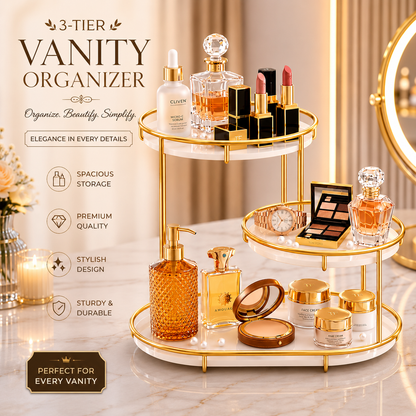 3-Tier Golden Vanity Stand – Makeup & Cosmetic Organizer