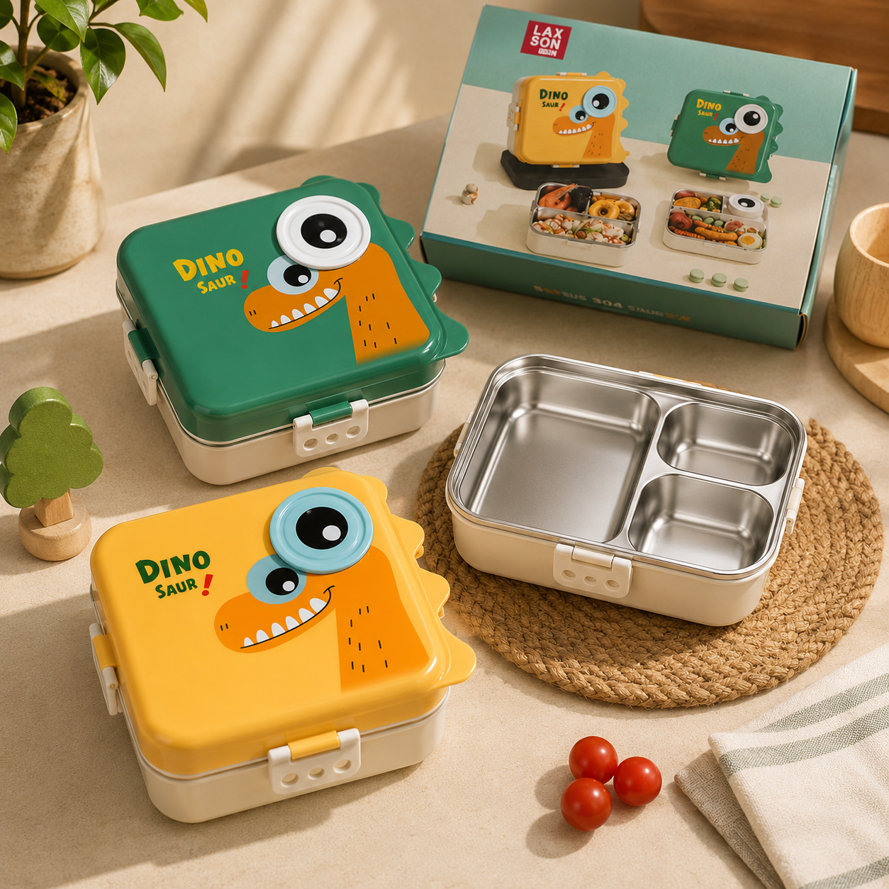 Dinasour Imported Premium Quality 3 compartment Stainless Steel Lunch Box