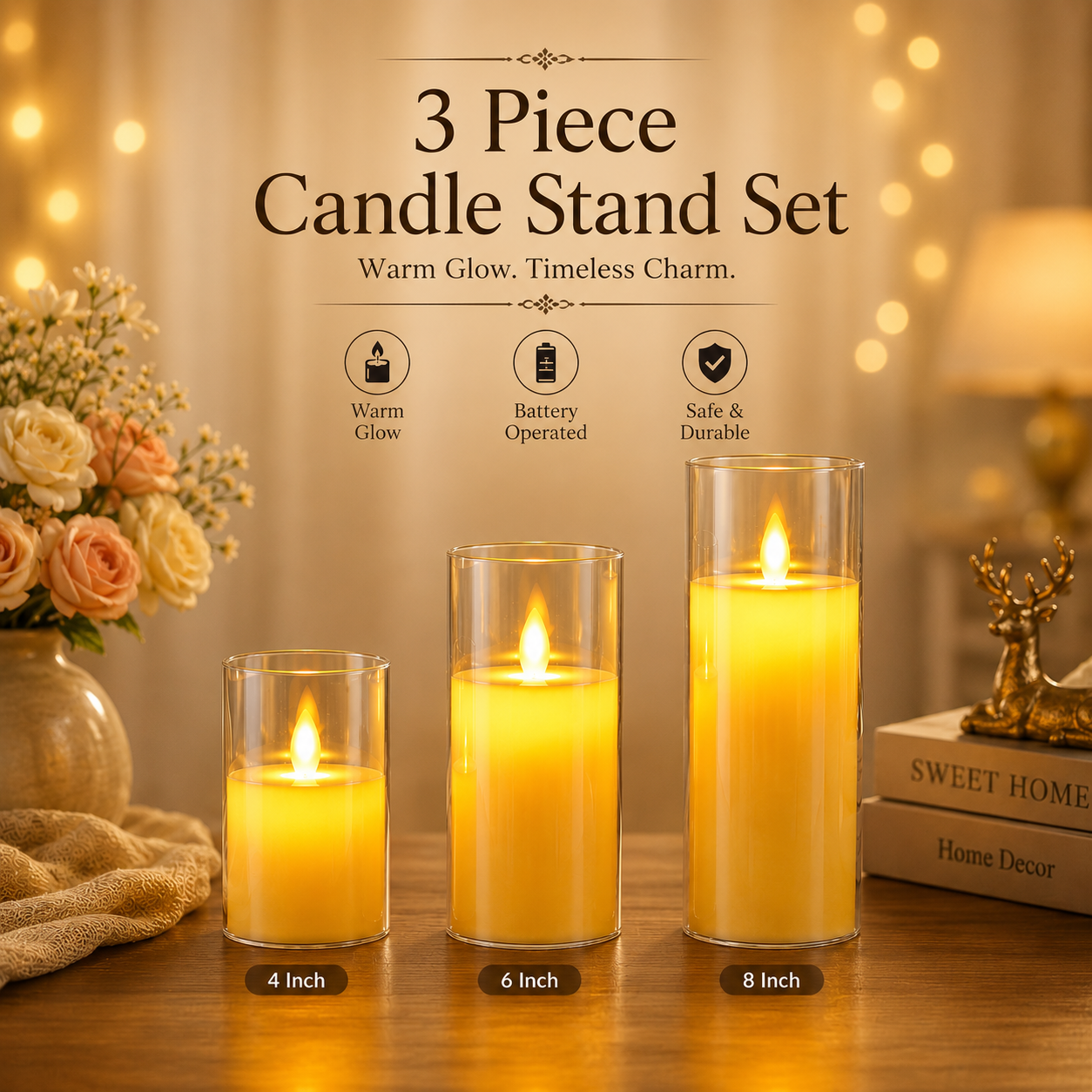 Battery Operated 3 Pcs Candle Stand Set