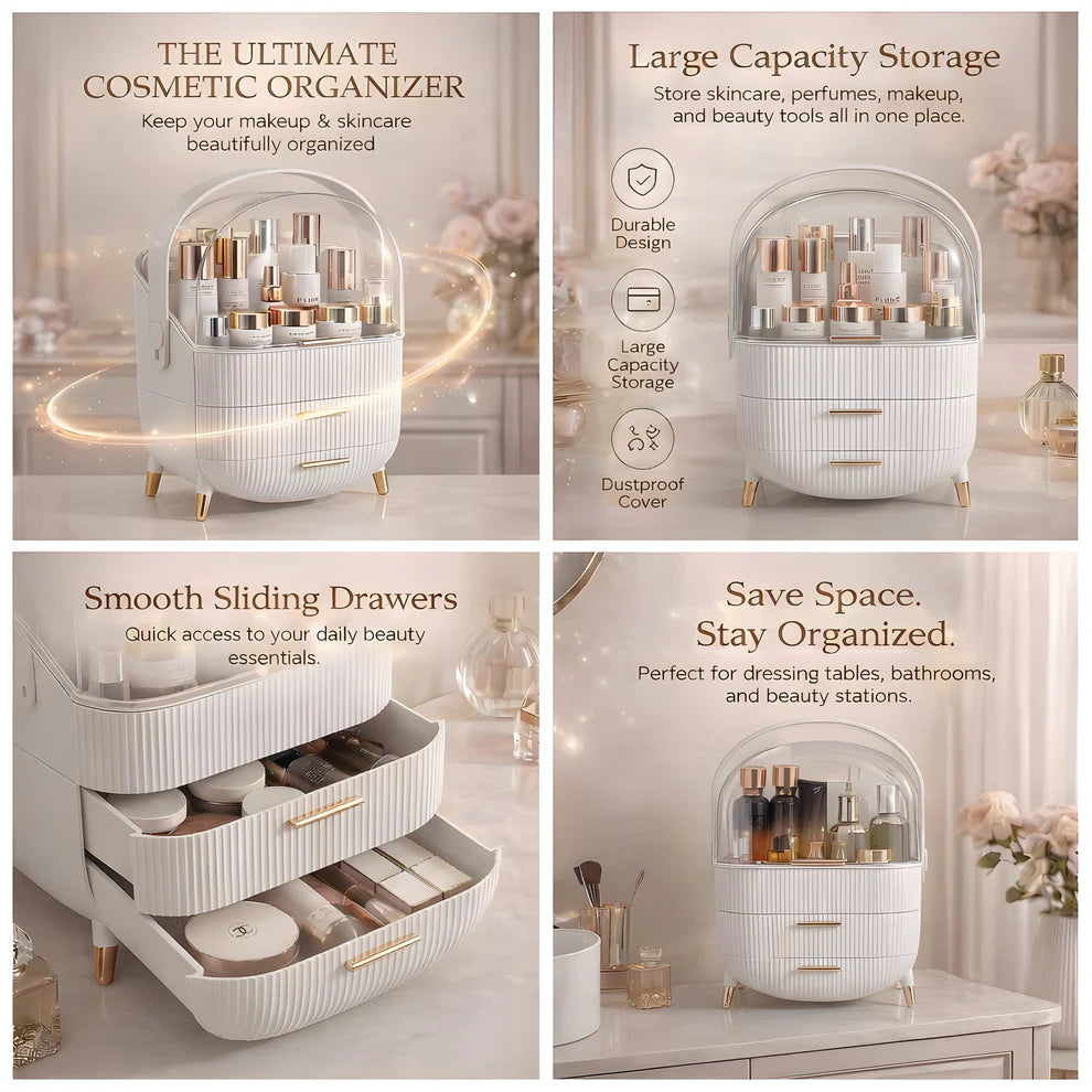 Elegant Multi-Layer Cosmetic Organizer with Lid & Drawers