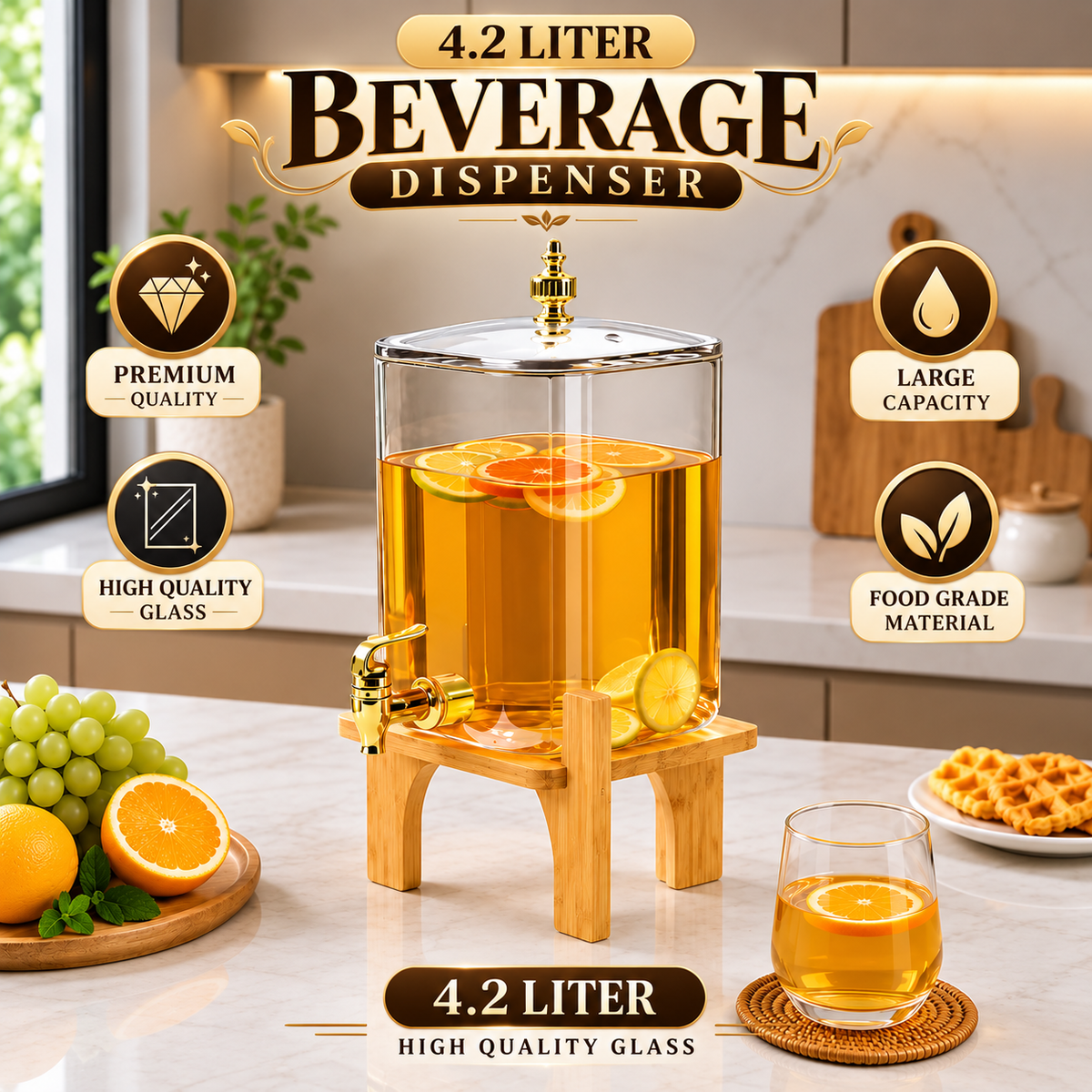 Square Glass Beverage Dispenser - Golden Tap & Wooden Stand (4.2 Ltrs)