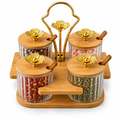 Premium Glass Condiment Jar Set With Wooden Stand