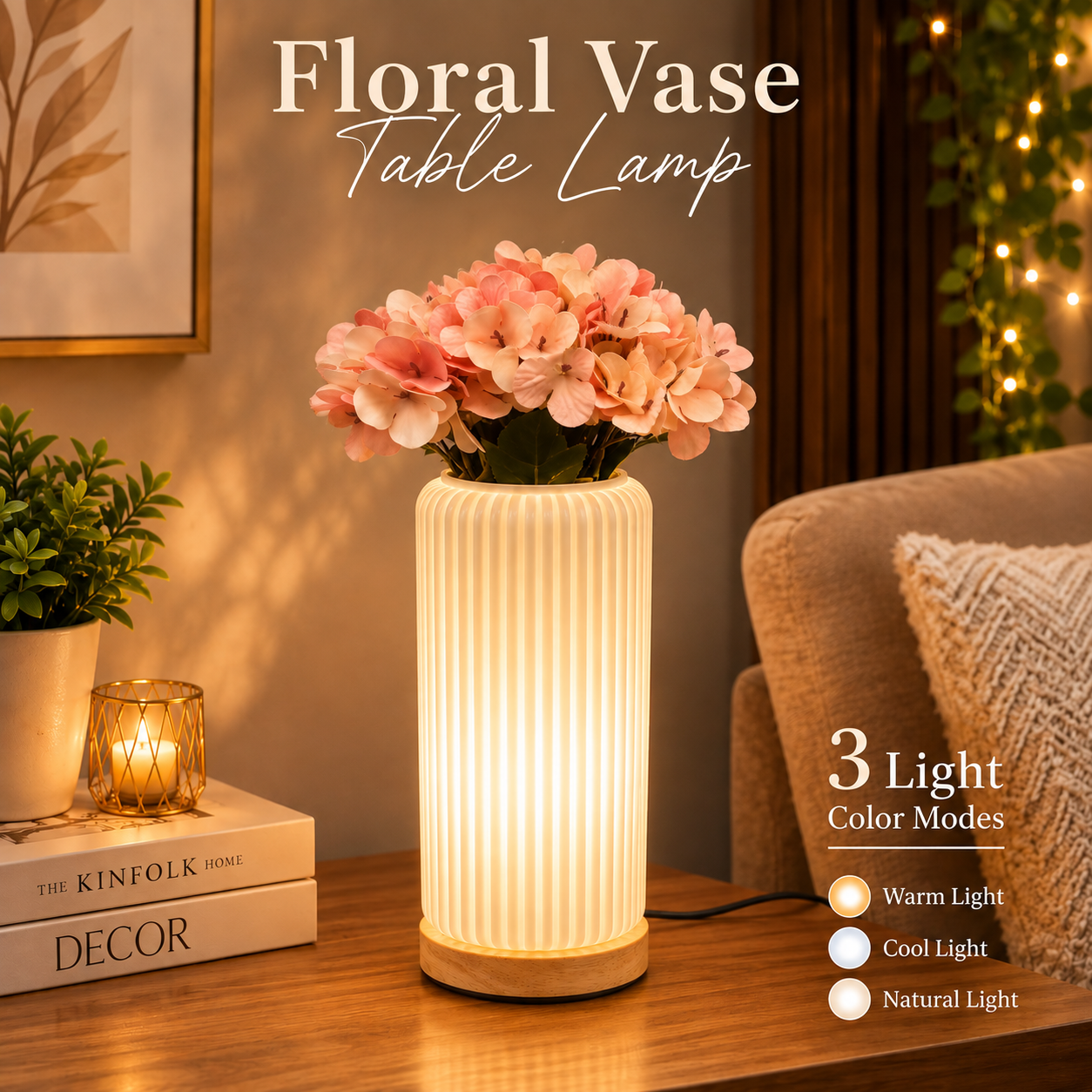 Electric Floral Vase Table Lamp With Flower Bunch– 3 Light Color Modes |