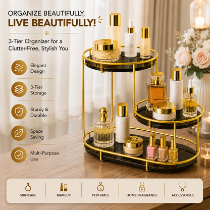3-Tier Golden Vanity Stand – Makeup & Cosmetic Organizer
