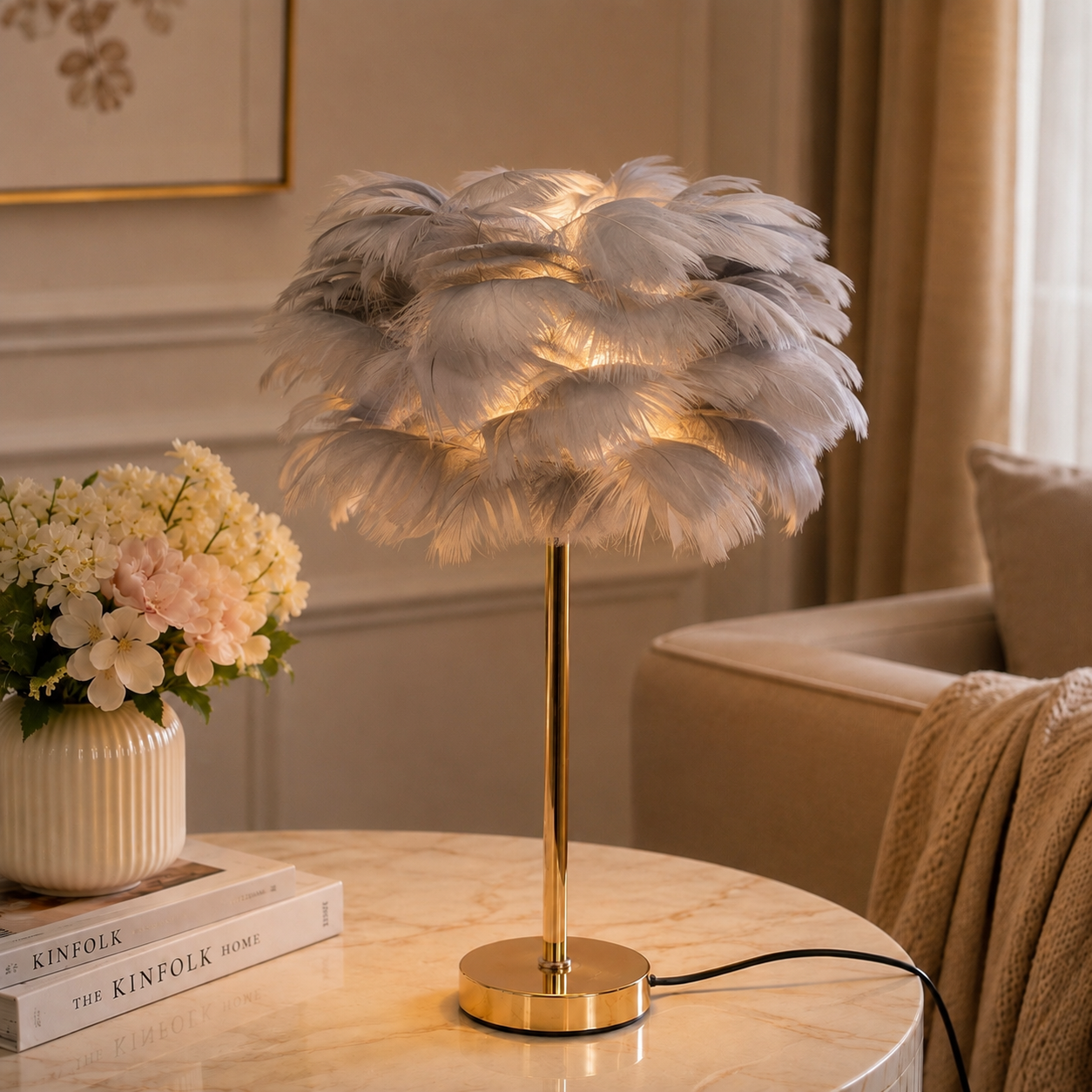Electric Feather Decorative Bedside Table Lamp (3 Color Modes)