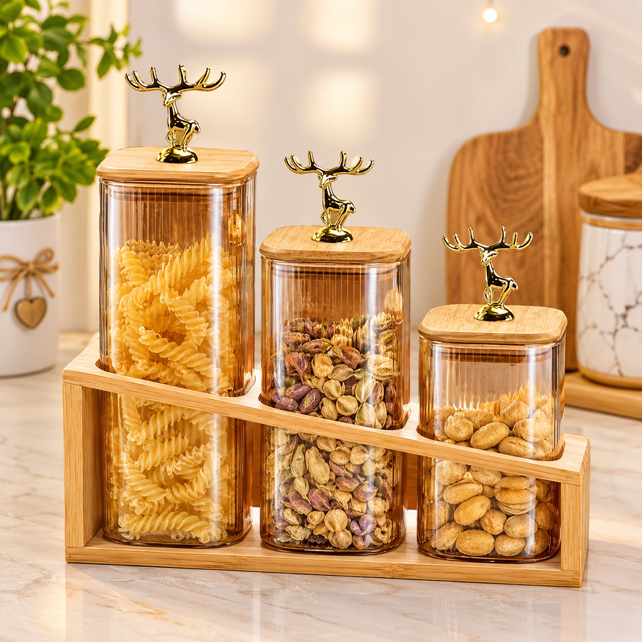 3-Piece Glass Storage Jar Set with Deer Handle