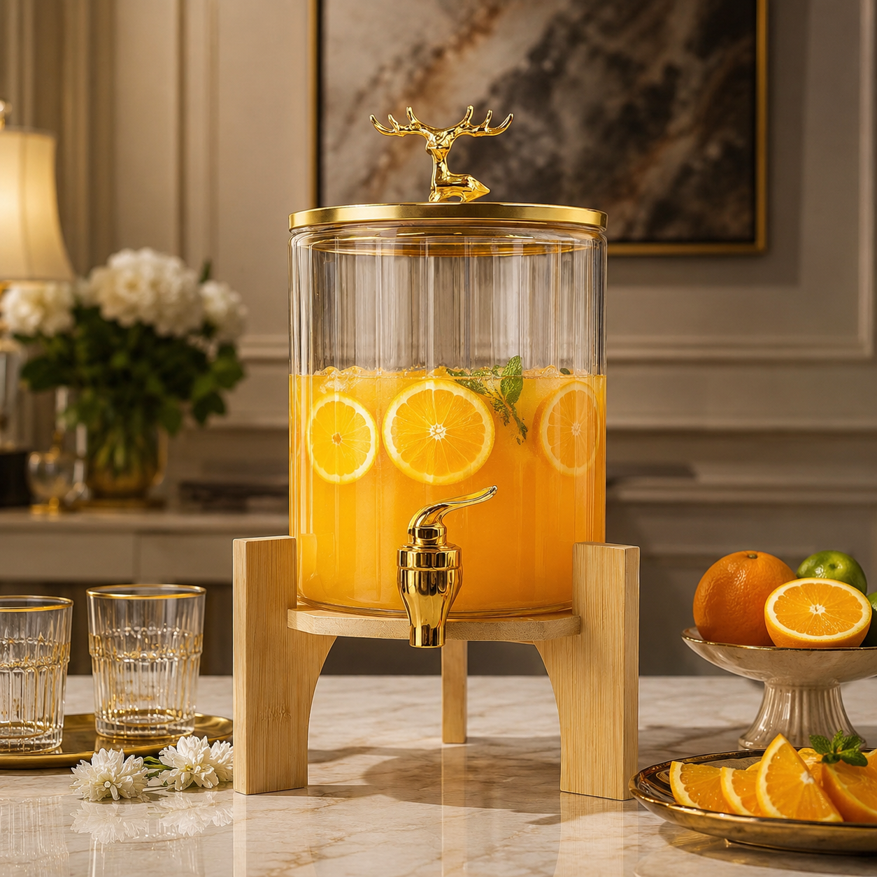 Round Glass Beverage Dispenser - Golden Tap & Wooden Stand (4.2 Ltrs)