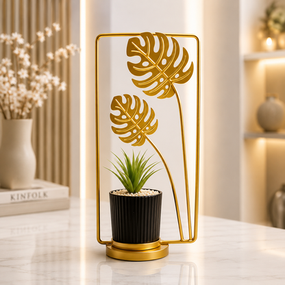 Luxury Golden Leaf Metal Table Decor with Artificial Plant (Height 9 to 10 Inches)