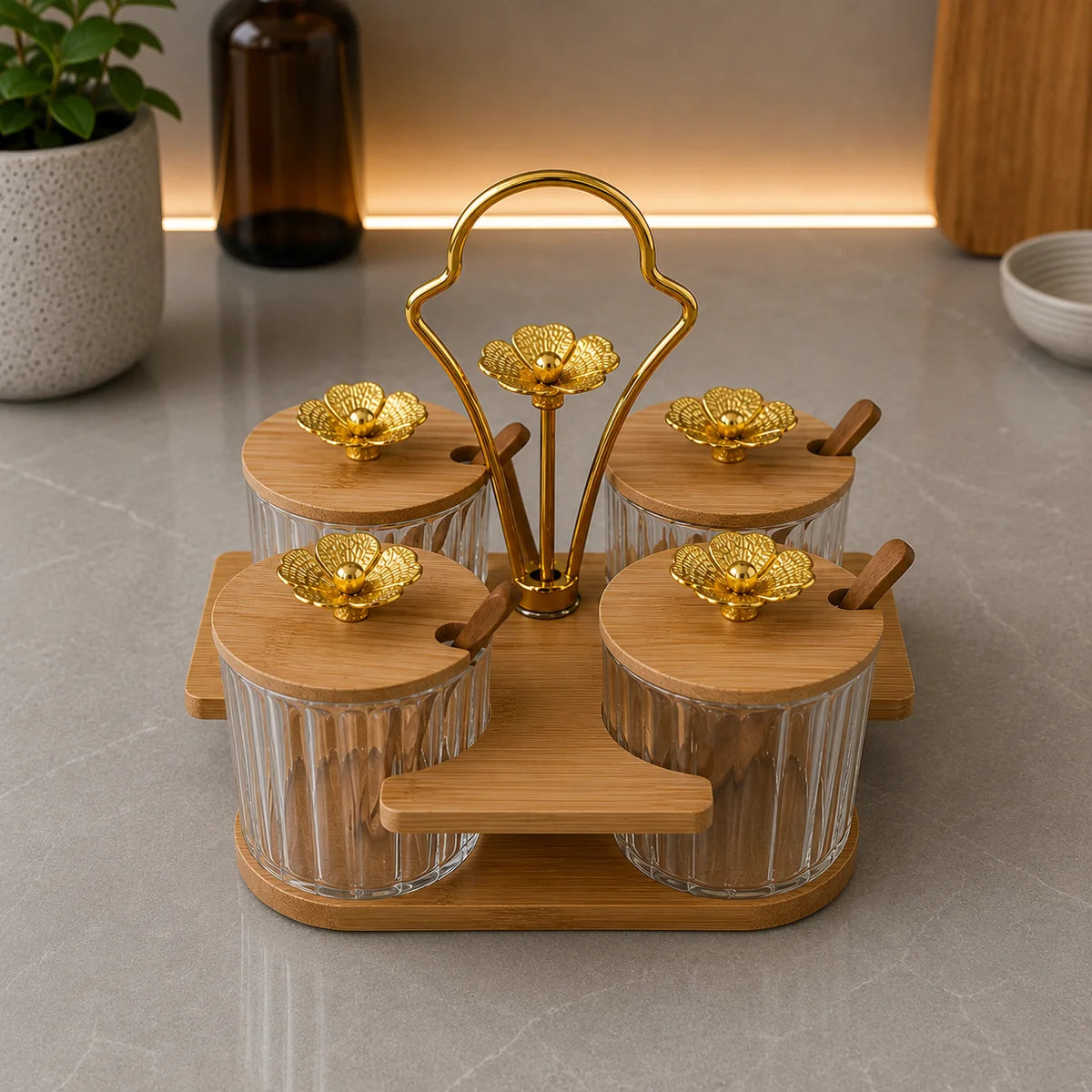 Premium Glass Condiment Jar Set With Wooden Stand