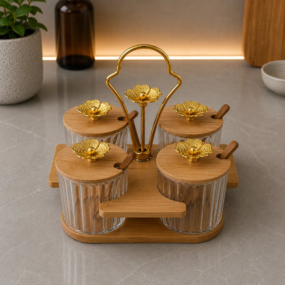 Premium Glass Condiment Jar Set With Wooden Stand