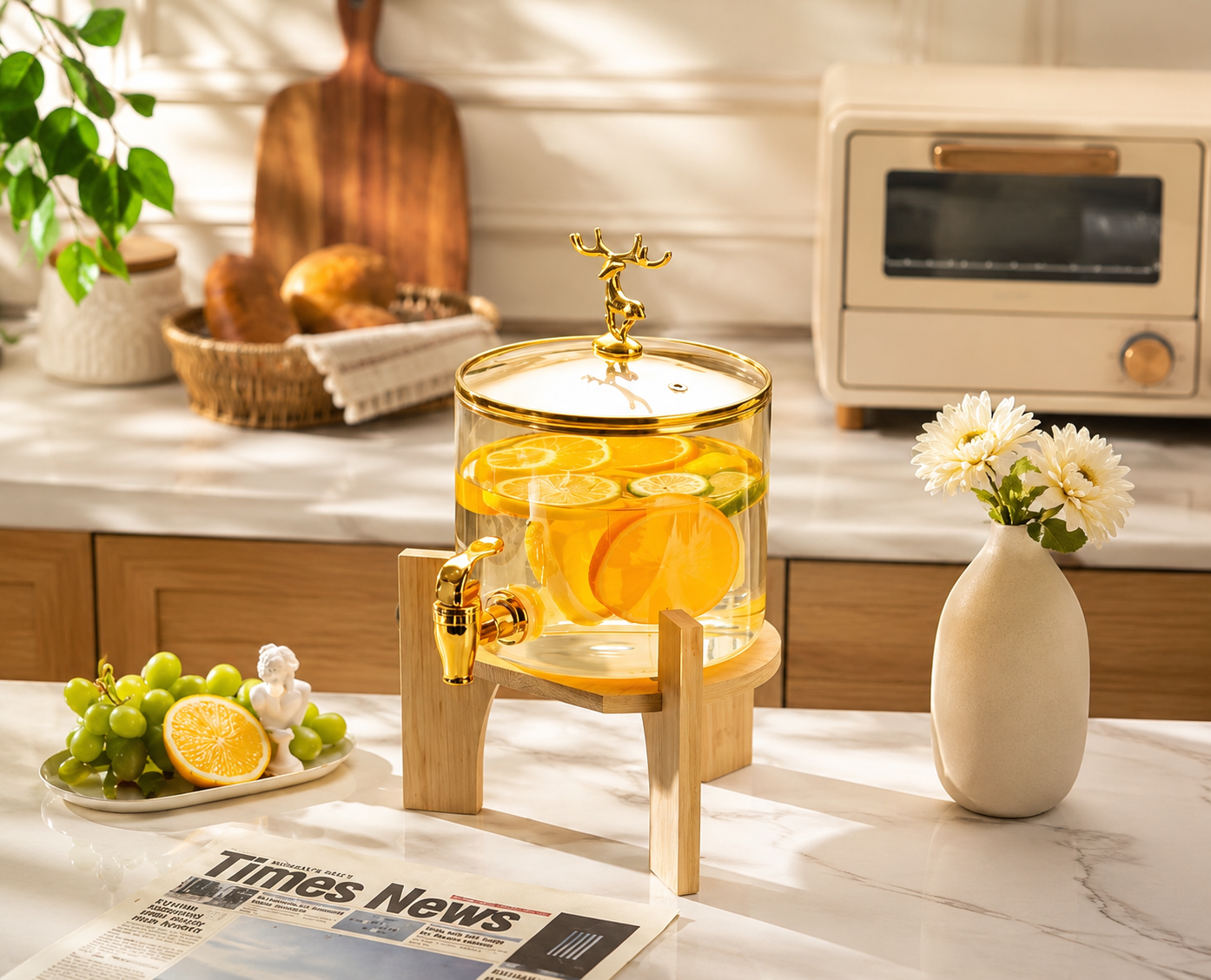 Round Glass Beverage Dispenser - Golden Tap & Wooden Stand (4.2 Ltrs)