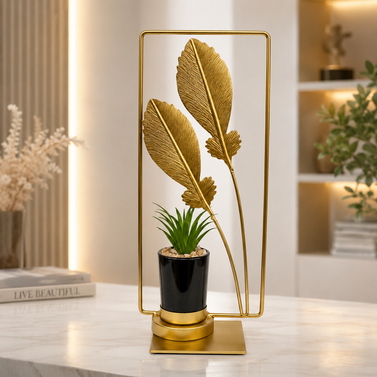 Luxury Golden Leaf Metal Table Decor with Artificial Plant (Height 9 to 10 Inches)