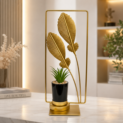 Luxury Golden Leaf Metal Table Decor with Artificial Plant (Height 9 to 10 Inches)