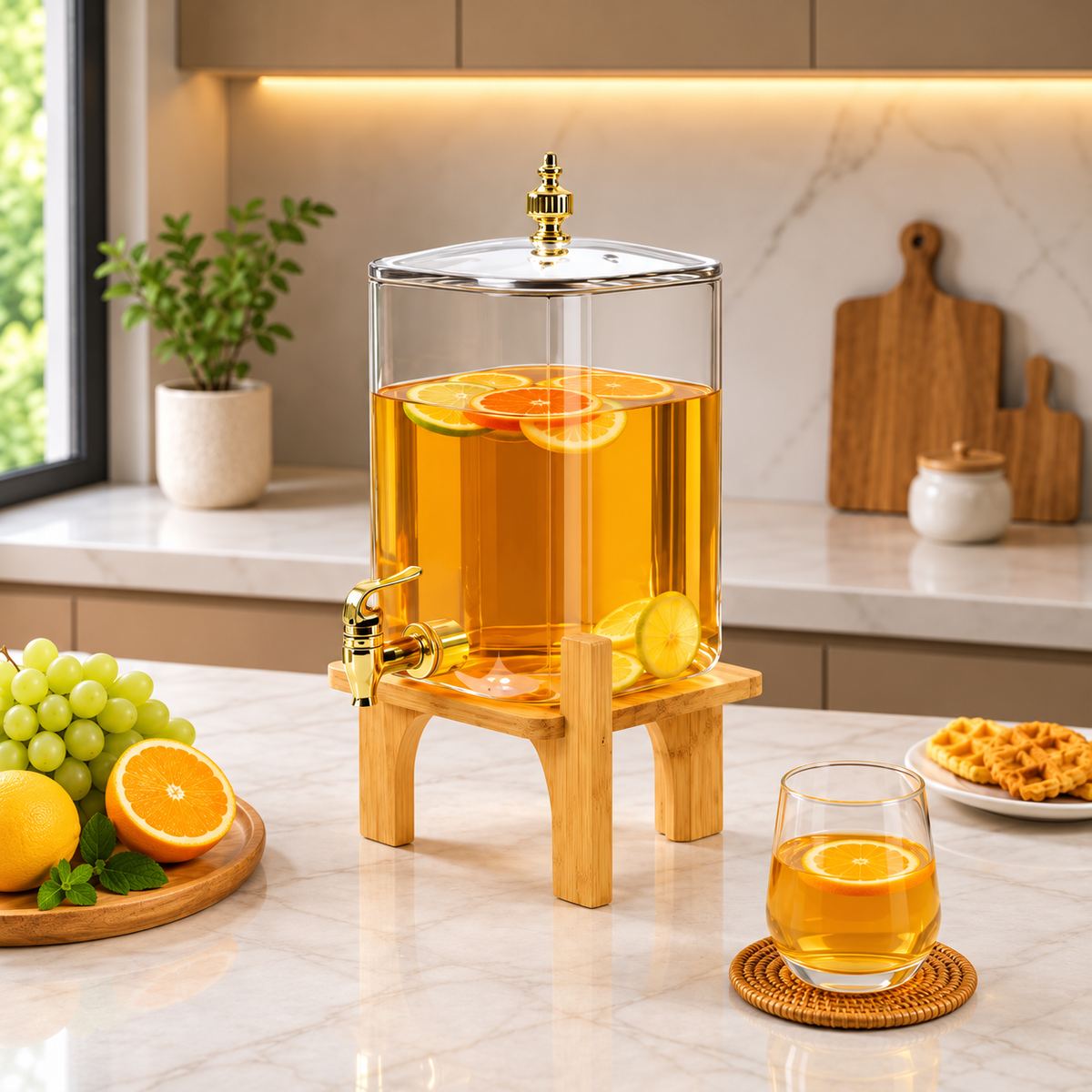 Square Glass Beverage Dispenser - Golden Tap & Wooden Stand (4.2 Ltrs)
