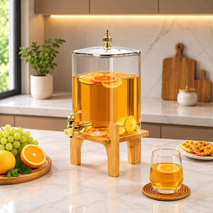 Square Glass Beverage Dispenser - Golden Tap & Wooden Stand (4.2 Ltrs)