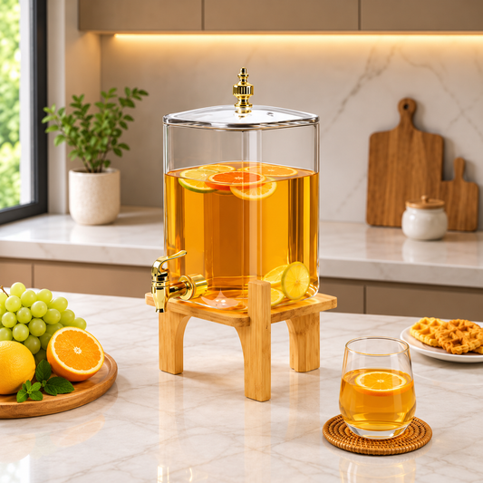 Square Glass Beverage Dispenser - Golden Tap & Wooden Stand (4.2 Ltrs)