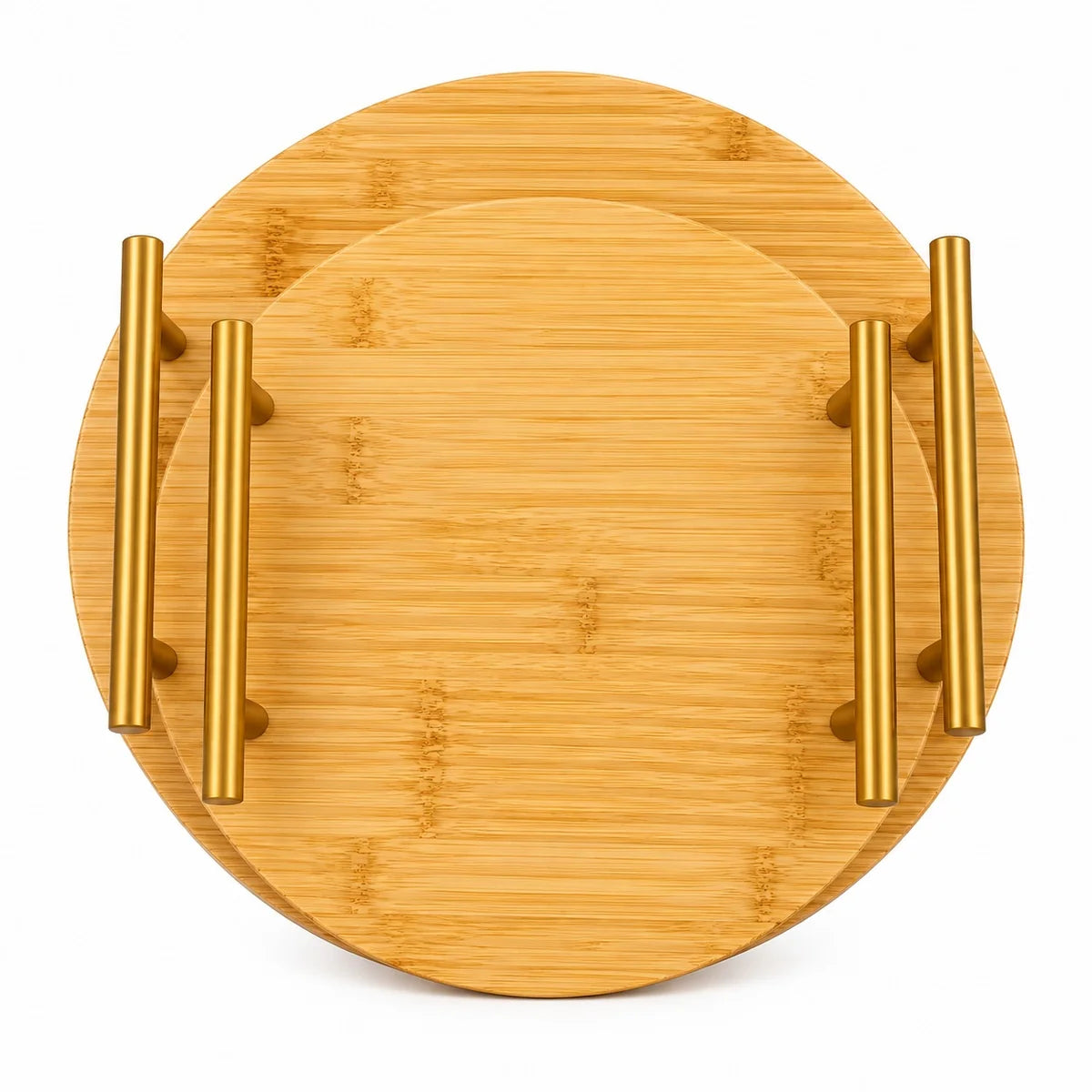 2 Pcs Round Bamboo Serving Tray Set With Gold Handles