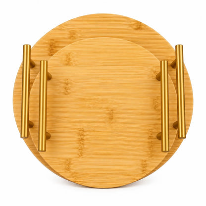 2 Pcs Round Bamboo Serving Tray Set With Gold Handles