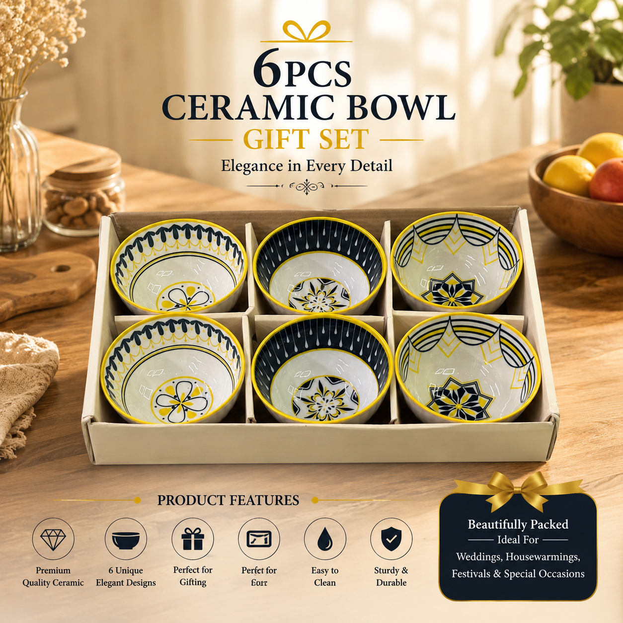 6-Piece Ceramic Bowl Gift Set – Premium Decorative Bowls D-2