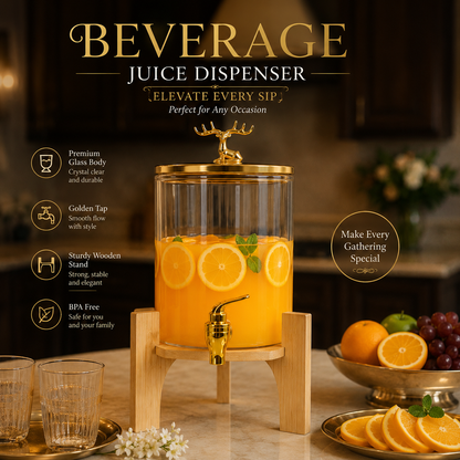 Round Glass Beverage Dispenser - Golden Tap & Wooden Stand (4.2 Ltrs)