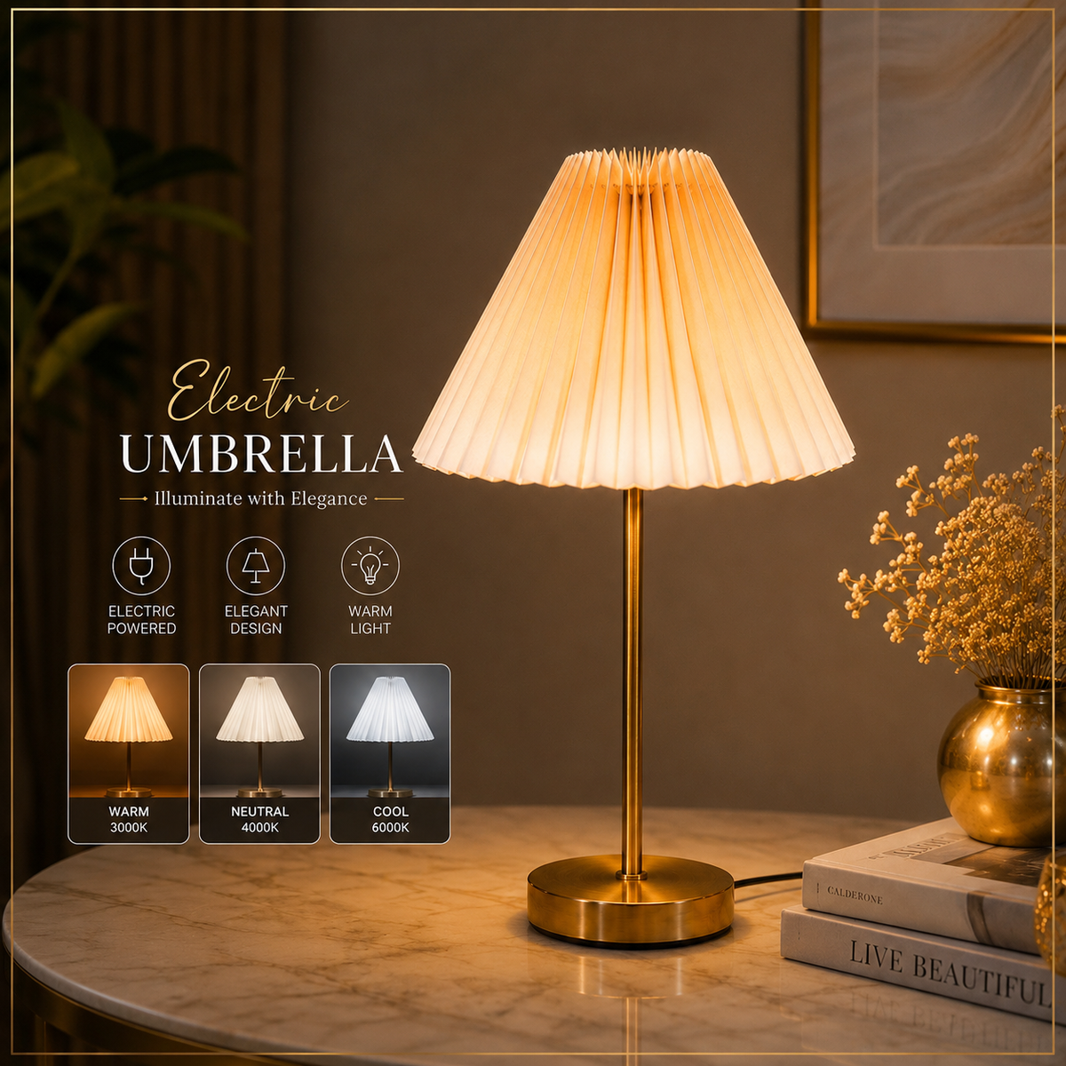 Electric Umbrella Decorative Table Lamp (3 Light Color Modes)