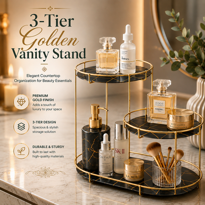 3-Tier Golden Vanity Stand – Makeup & Cosmetic Organizer