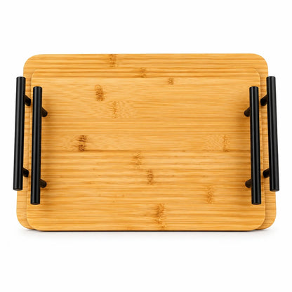 2-Piece Bamboo Serving Tray Set With Black Metal Handles