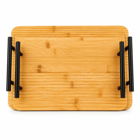 2-Piece Bamboo Serving Tray Set With Black Metal Handles