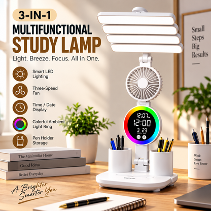 3-in-1 Multifunctional Study Lamp with LED Light, Fan, Digital Clock & Pen Holder
