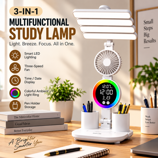 3-in-1 Multifunctional Study Lamp with LED Light, Fan, Digital Clock & Pen Holder