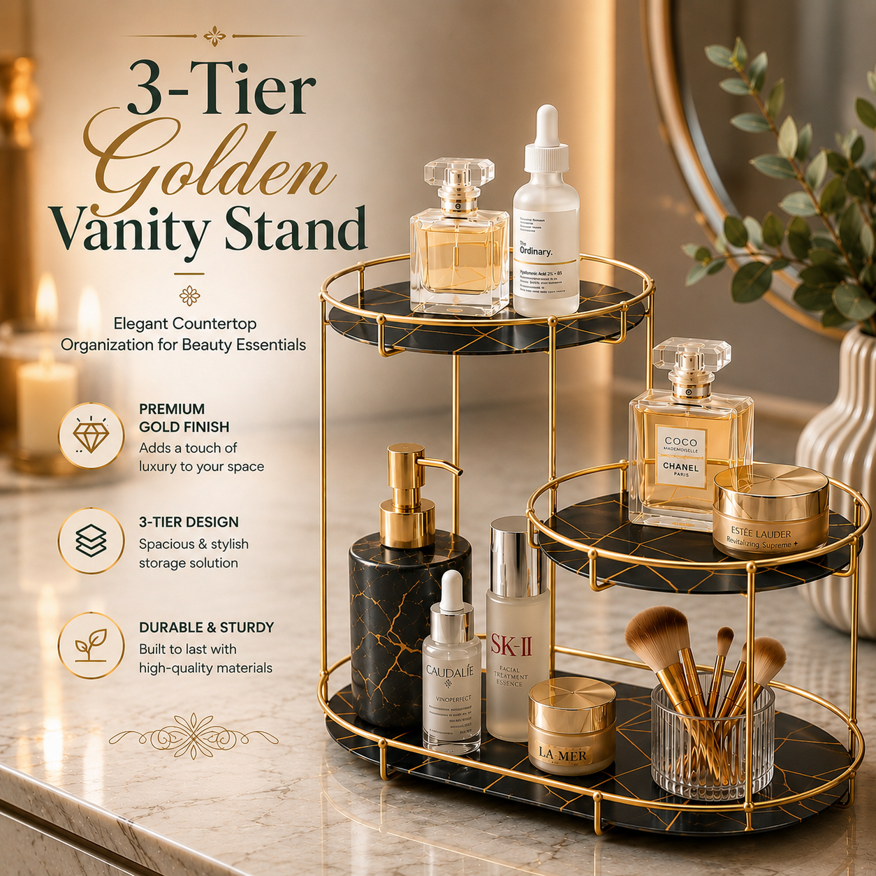 3-Tier Golden Vanity Stand – Makeup & Cosmetic Organizer