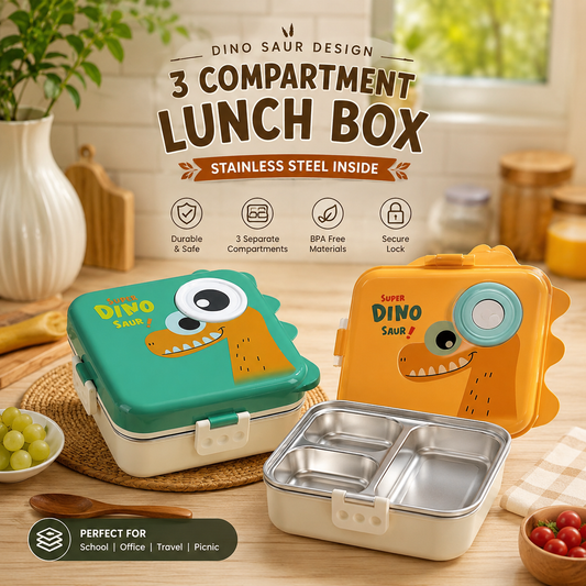Dinasour Imported Premium Quality 3 compartment Stainless Steel Lunch Box